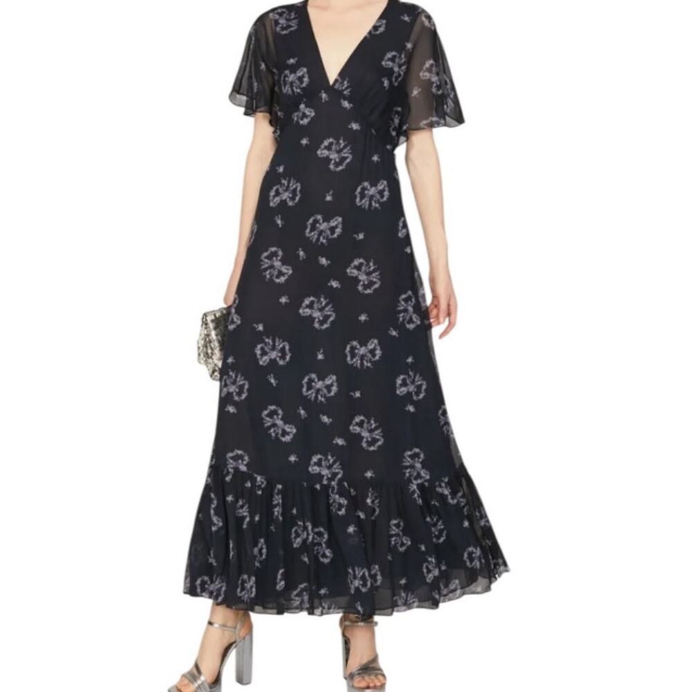 Love Shack Fancy Kover Bow Print Tiered Navy Blue Viscose Maxi Dress Size 8